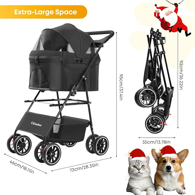 2-in-1 Foldable Pet Stroller with Canopy, 4 Wheels Pet Strolling Cart for Small/Medium Dogs and Cats with Removable Carrier,Breathable Mesh,Mom Tote Bag,Cup Holders,Easy Assembly,Black