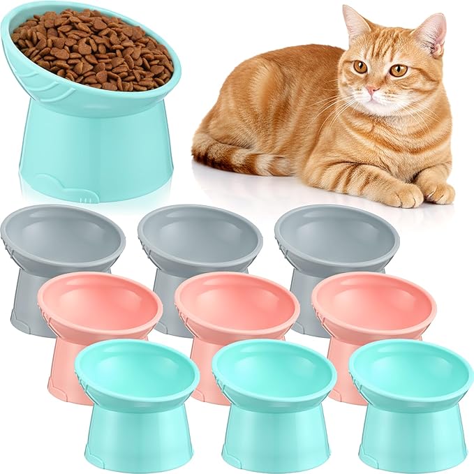 9 Pcs Plastic Raised Cat Bowls Bulk Elevated Tilted Dishes 15 Degrees Tilted Anti Vomiting Friendly Food Water Feeder Pet Slanted Stand Bowl for Indoor Cat Small Dog Shelter