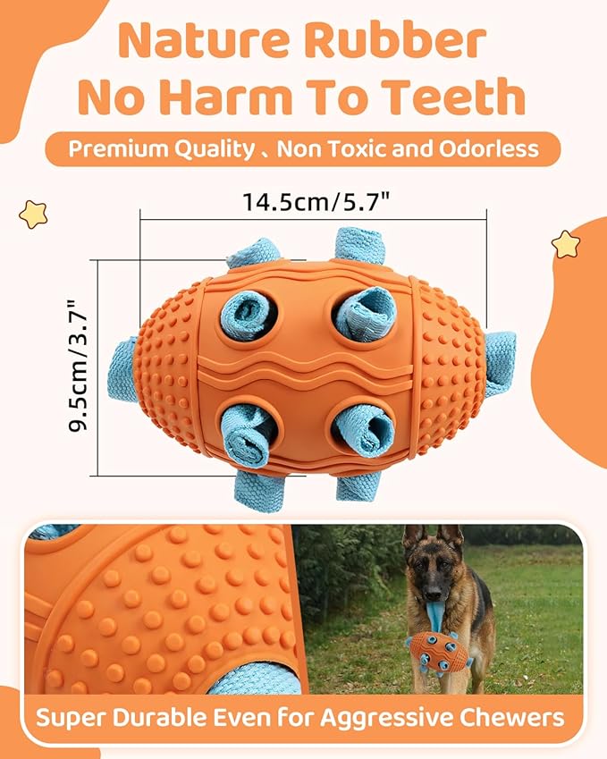 Interactive Dog Toy with Natural Rubber Soccer Design, Dental Care, Pet Energy Relief Brain Teaser Toy, Activity Training Foraging Toy, Mentally Stimulating Slow Feeder Dog Treat Dispenser Orange