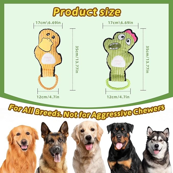 Grnstf 2-Pack Squeaky Dog Toys & Tough Tug of War Set - No Stuffing Chew-Resistant Plush Toys to Keep Them Busy, Best Birthday Gift for Small/Medium/Large Breeds (Ducks & Dino)