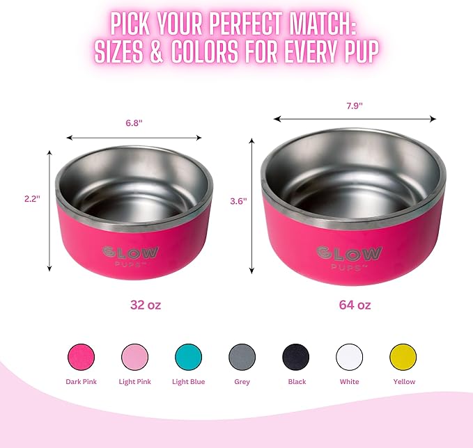 Glow Pups Bright Pink Dog Bowl for Small Dogs, 32 oz Non Slip Stainless Steel Pet Bowl, Vacuum Insulated Pet Bowl That Keeps Water Cool (32 oz, Bright Pink)