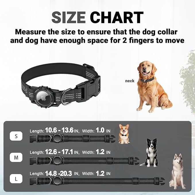 AirTag Dog Collar, IP68 Waterproof Integrated Air Tag Dog Collars with Reflective, Ultra-Durable, Comfortable Padded, Heavy Duty Dog Collars for Small Medium Large Dogs, M (12.6"-17.1"), Black