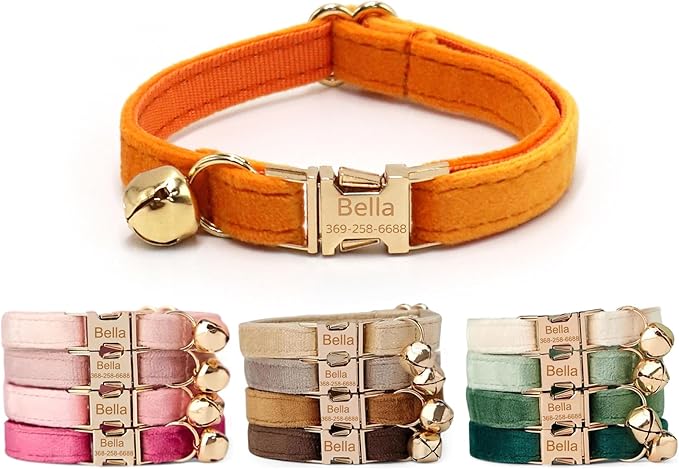 Colorful Velvet Custom Cat Collar, Personalized Cat Collar with Name, Engraved Collar for Small Large Cat Kitten with Bell (Orange,L)