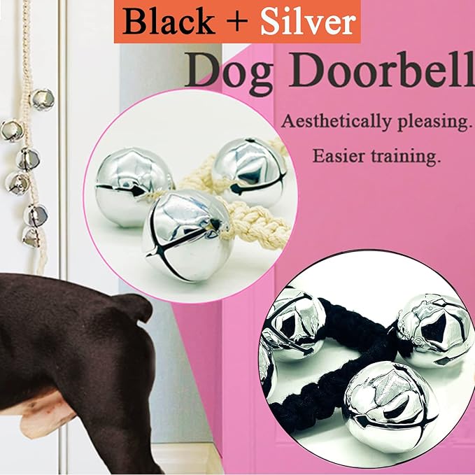 Dog Hanging Doorbells| Extra Loud Dog Potty Training Bells| Adjustable Durable Braided Rope Door Bell for Dogs to Ring to Go Outside(Silver+Black)