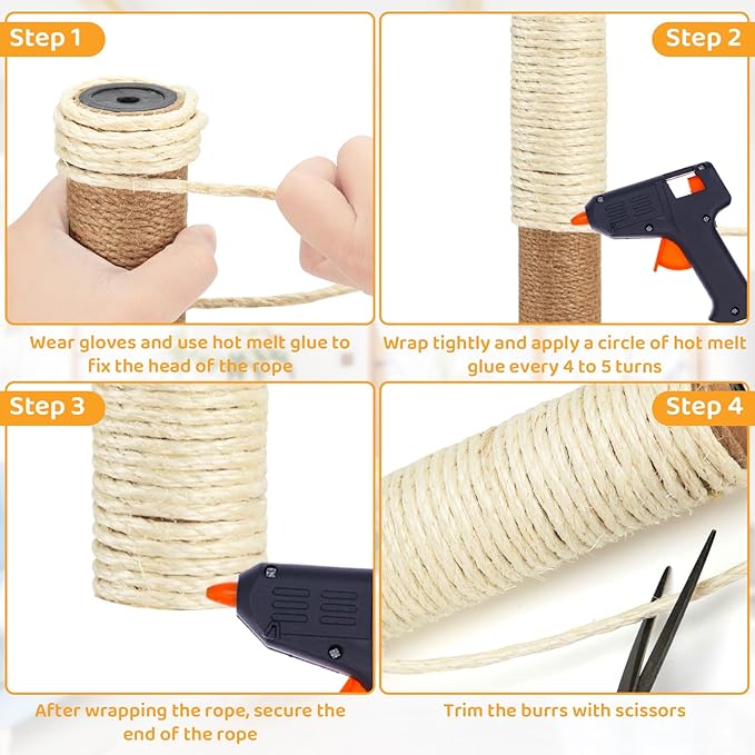 Natural Sisal Rope for Cat Scratcher Tree Thick 5-mm 1/5 Inch by 150 Feet, Cat Tower Climbing Twine for Cat Scratching Post Replacement, Scratch Post Repairing, Replace, Recovering and DIY, White