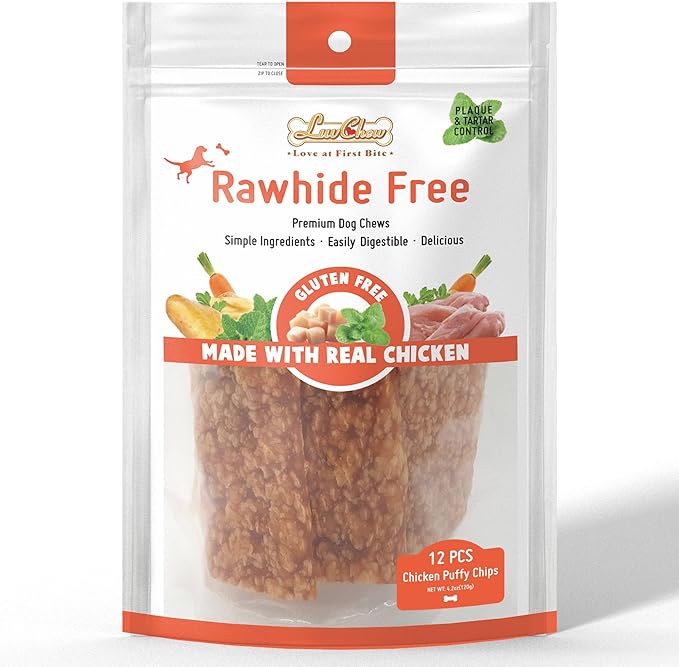 LuvChew Chicken Dog Chew Chips, Puffed Human Grade Chicken Dog Treat, Rawhide Alternative, Easy to Digest 12pcs/Pack