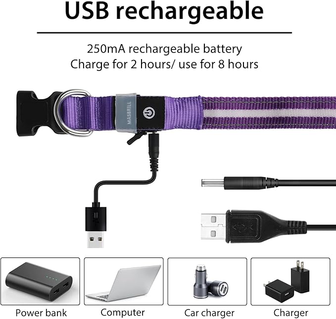 MASBRILL Led Dog Collar - Rechargeable, Water-Resistant, Flashing Glowing Collar for Night Walking - S(15.75 * 0.98in)