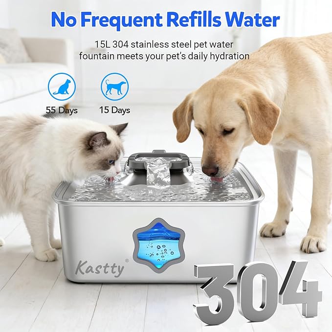 Kastty Large Dog Water Fountain, 15L/4Gal Stainless Steel Pet Water Bowl Dispenser with Visual Window, Dual-Color LED, Ultra Quiet, Automatic Water Fountain for Large Medium Dogs & Multi-pet, FS81