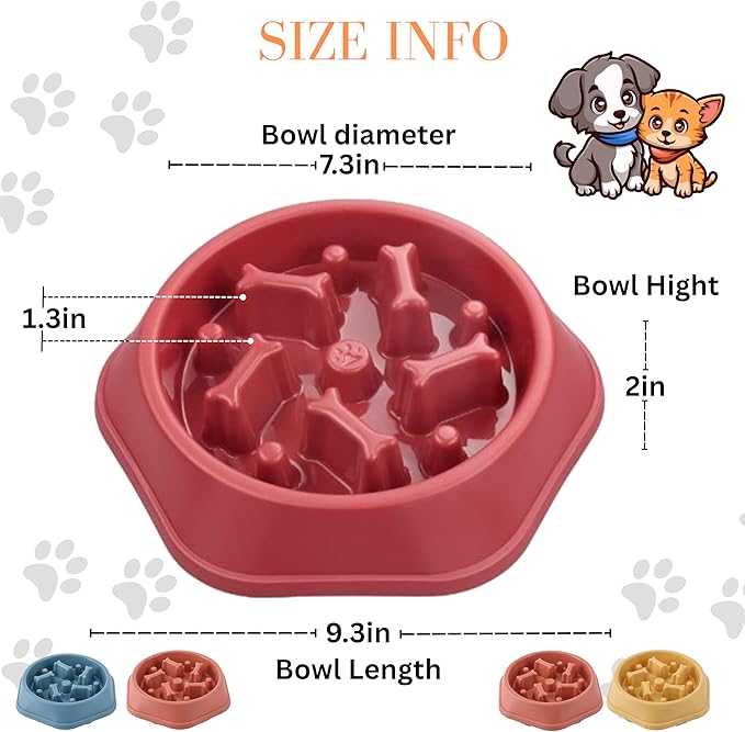 Slow Feeder Dog Food Bowl – Bowl Designed to Slow Eating, Promotes Healthy Digestion and Prevents Bloat, Ideal for Cats and Dogs (Red)