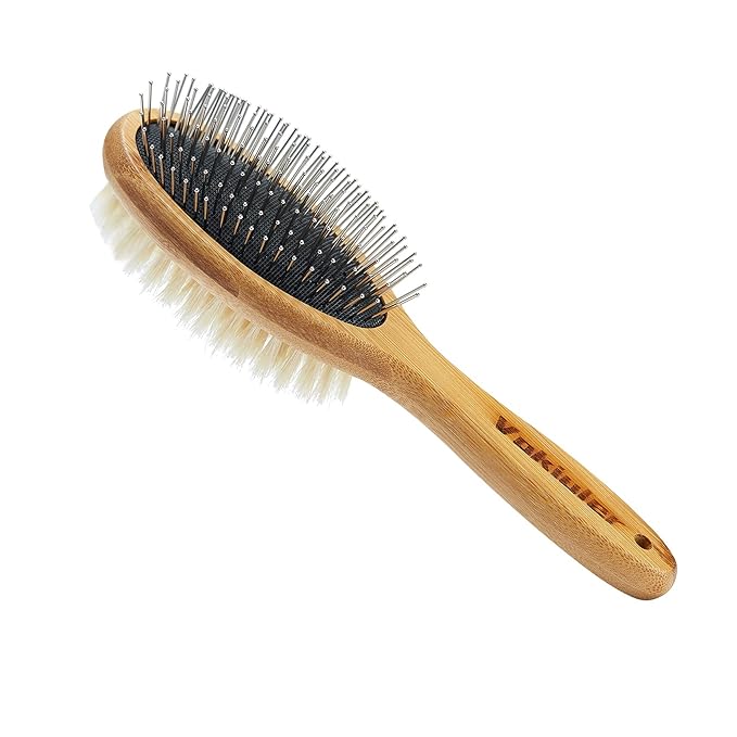 Pet Hair Brush, Double Sided Bristle and Pin Brush for Dog Grooming, Real Boar Bristle Shedding Brush with Bamboo Handle, 1 Pack, White, Oval, Detangle, All Hair Types, Hair Brush