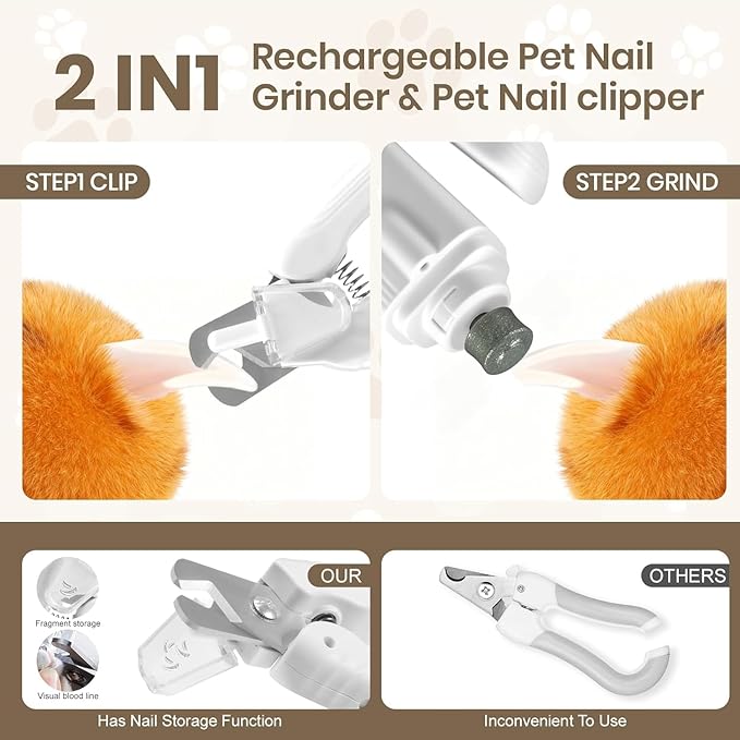 2-in-1 Electric Dog Nail Grinder & Clipper with LED Light, Rechargeable Quiet Pet Nail Trimmer with Safety Guard for Dogs and Cats