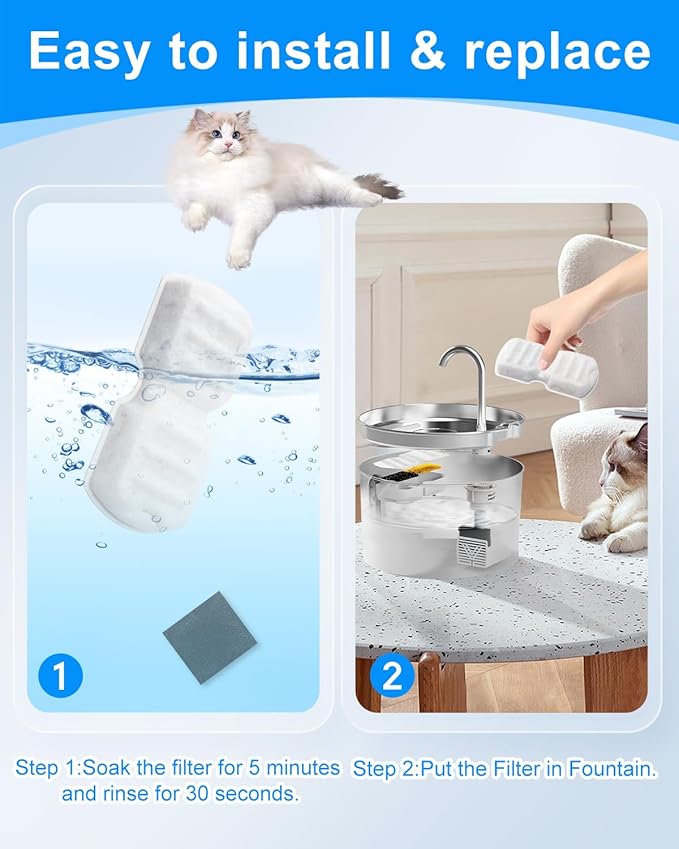 MyfatBOSS Cat Water Fountain Filters Compatible with 74oz/2.2L Compatible with 87oz/2.6L Stainless Steel Cat Water Fountains, 6 Carbon Filters + 6 Ultra-fine Fiber for Clean & Fresh