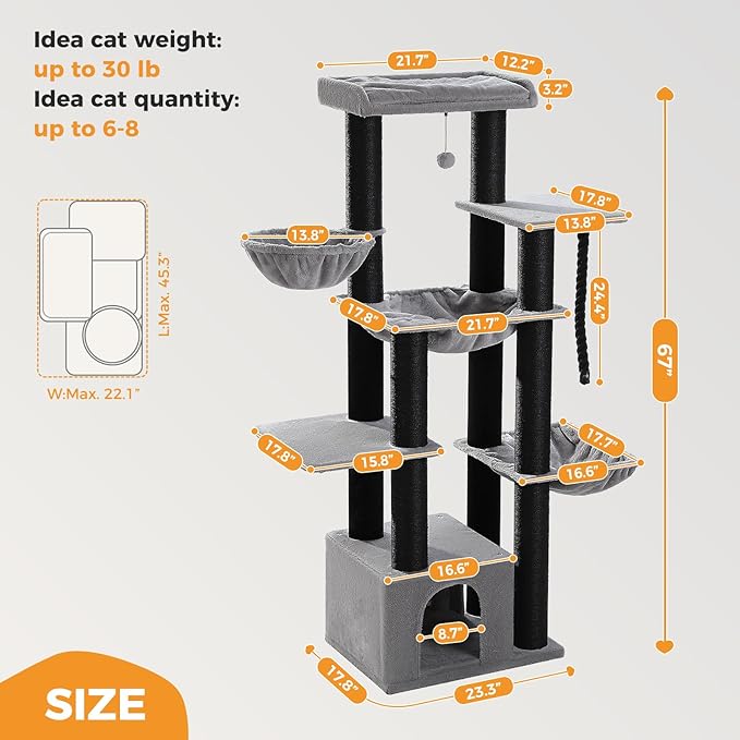 Maine Coon Cat Tree-67 Large Cat Tower for Indoor Cats Large Adult with 7 Thick Black Scratching Posts (φ4.3), Multi-Level Condo, Big Perch & Hammocks -Black