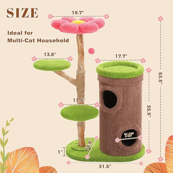 PETEPELA Wood Cat Tree for Large Cats with Flower Perch, 53.5" Modern Cat Tower with Solid Wood Scratching Posts & 2 Spacious Condos, Forest Themed Heavy Duty Cat Furniture for Multi-Cat Household