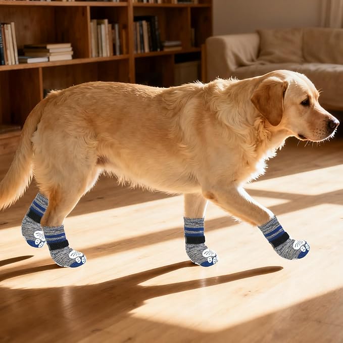 PUPTECK Anti-Slip Dog Socks with Double Sides Grips Booties, Traction on Hardwood Floors to Prevent Licking Paws, Dog Shoes for Cold Hot Pavement, for Medium Large Senior Dogs, Navy Blue M
