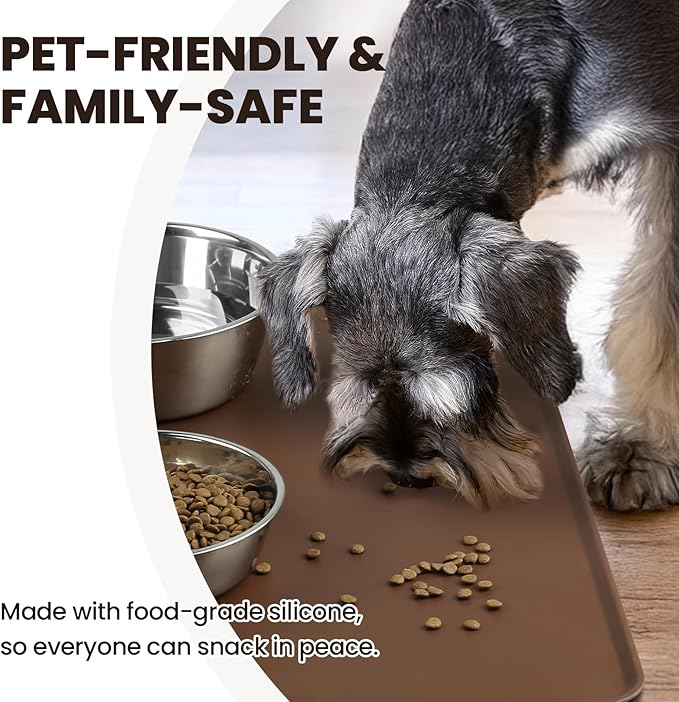 VIVAGLORY Dog Food Mat Flexmat Dog Bowl Mat, Placemat Food Tray with Raised Edges & Lip for Indoor Floor, Non Slip Waterproof Silicone Dish Placemat for Cat & Pet, S, Chocolate