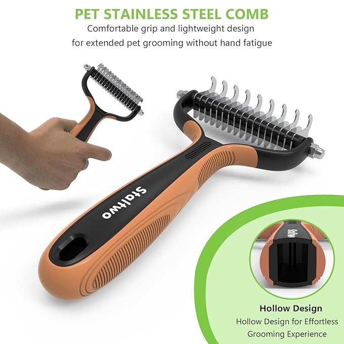 Deshedding Dog Brush for Shedding - 2-in-1 Professional Undercoat Rake and Furminator for Dogs | Shedding Control for Long-Haired Dogs and Cats, Deshedding Tool, Knot Removal,Orange