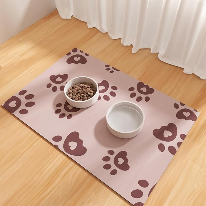BLESWIN Pet Feeding Mat 17"x28", Absorbent Pet Food Mat, Dog Food Mat Large, Rubber Dog Mats are Non-Slip and Waterproof to Protect Floors, Mat for Cat Food and Water Bowls, Cat Feeding Mat, Pink
