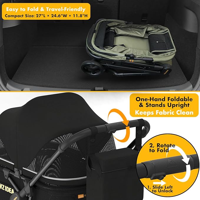 PAWZIDEA Dog Stroller for Large Dogs, Heavy Duty Pet Stroller for 2 Medium or Small Dogs Cats Up to 66lbs, No-Zip 180° Reversible Canopy Lockable, One-Hand Foldable Jogger 7" Wheels, Storage Organizer