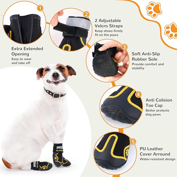 Dog Shoes for Hot Pavement,Dog Boots & Paw Protectors for Large Medium Size Dogs to Prevent Licking,Dog Booties with Reflective for Outdoor,Hiking,Hardwood Floors,Winter Snow(Black Yellow, Size2)