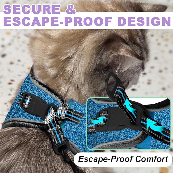 Cat Harness and Leash Set,Escape Proof Kitten Harness,Step in Adjustable Soft Lightweight,Easy Control,Reflective Strips Comfortable for Walking Travel(Blue/Black,XXS)