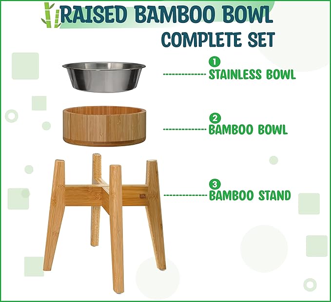Raised Dog Bowl - Elevated 12-inch, Large Breeds Treats, Dry and Wet Foods Suitable - Deter Ants/Bugs, Resist Tip-Over - Bamboo/Steel Bowls