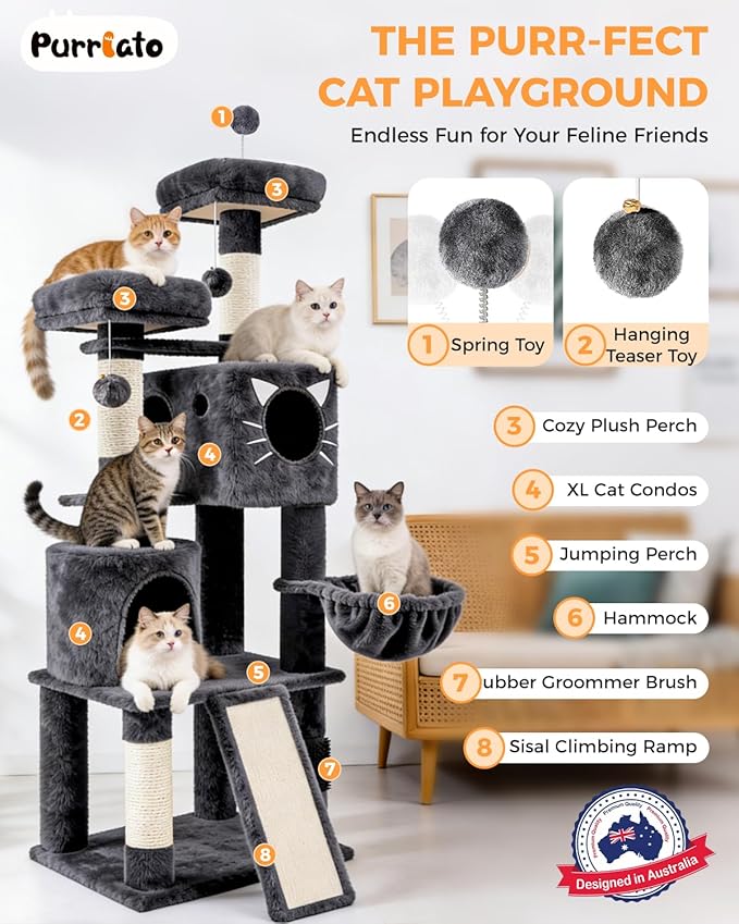 66in Multi-Level Large Cat Tree Tower for Indoor Cat/Kitties, Mordern Cat Tower with Sisal Scratching Posts, Condos and Hammock, Perches, Ramp for Climbing Heavy Duty