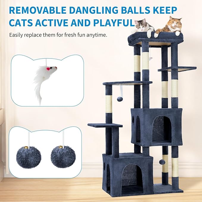 Cat Tree - 157cm Tall, Sisal Wrapped Scratching Post, Cat Nest, Hanging Ball, Extended Platform