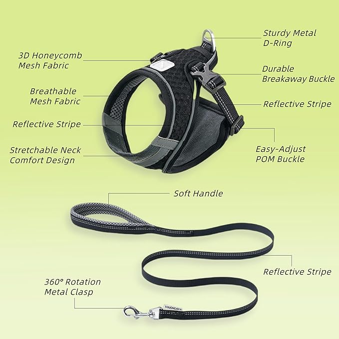 Cat Harness and Leash Set for Comfortable Outdoor Walking, Escape Proof, Adjustable Soft Kitten Vest Harness with Reflective Strip for Cats, Small Dogs (Black, S)