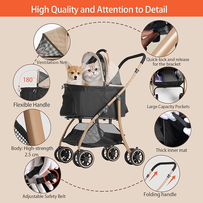 MILA&LOUIS Pet Stroller with 4 Pu Wheels, 4.5kg Ultra-Light Dog&Cat Stroller for Multiple Small Pets & Medium, Max 44Lbs Capacity Detachable & Foldable Design with Cup Holder Ideal for Walks and Trips