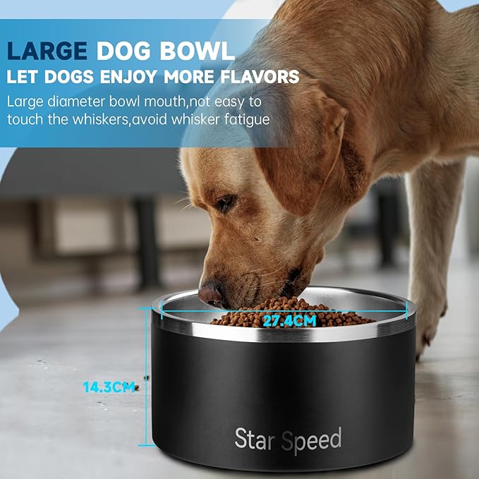 Stainless Steel Dog Bowl - Extra Large, 200oz, Rubber Bottom, Drop Resistant, Keeps Cold, Fits Different Size Big Dog Food Bowls. (Black)