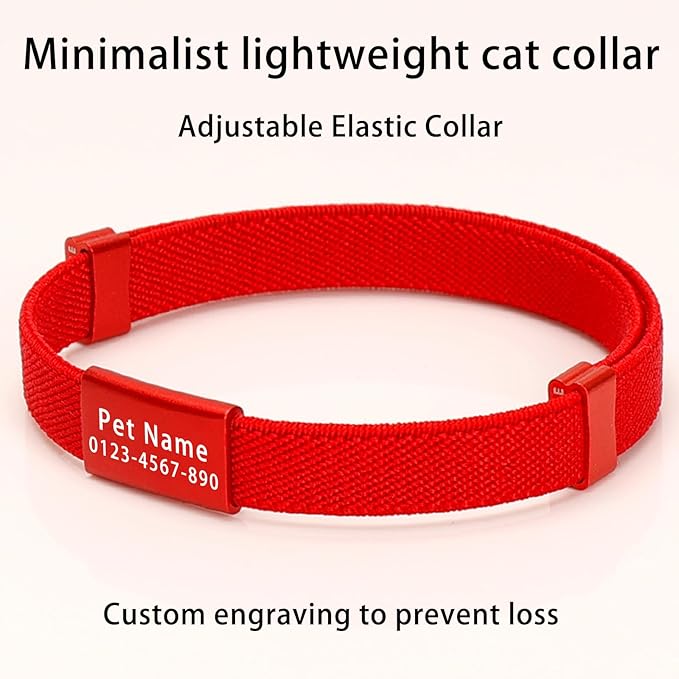 Minimalist Stretch Lightweight Custom Engraved Cat Collar with Name Tag Personalized Cat Collars for Kitten Boy & Girl Cats (Silver White, Collar with Nameplate)