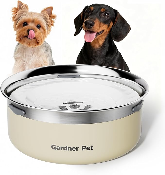 Gardner Pet Slow Water Bowl for Dogs, 2L/68oz Spill-Proof Pet Water Bowl with Floating Disk, Stainless Steel No-Spill Water Dispenser for Medium Pets