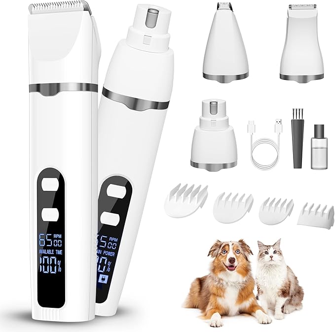 Dog Grooming Kit Hair Clipper with LCD Display - Low Noise Pet Hair Trimmer, Dog Nail Grinder Clippers for Grooming, Rechargeable Cordless Waterproof Paw Trimmer for Cats and Other Pets