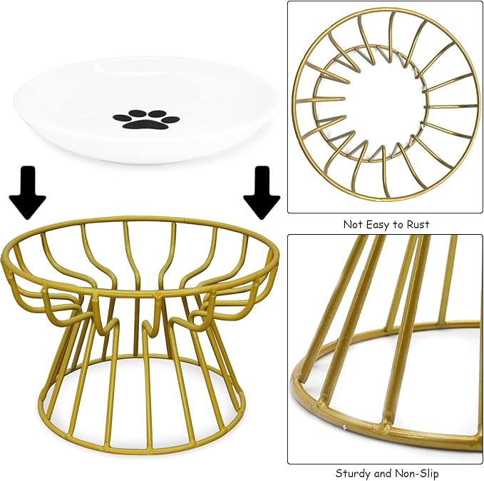 BNOSDM Raised Cat Dish Ceramic Shallow Cat Bowl with Gold Stand Elevated Pet Food Plate for Indoor Cat Kitten Small Dogs