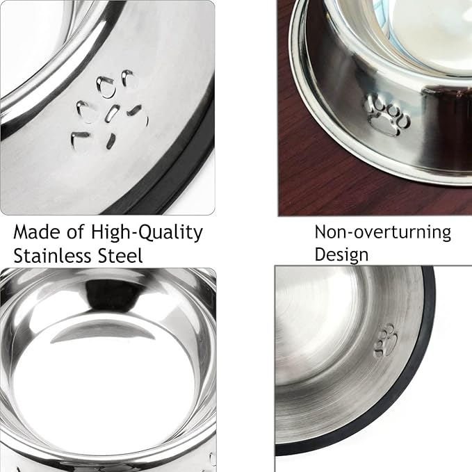 YUDANSI 2 Stainless Steel Dog Bowls, Puppy Kitten Feeding Bowls, Shallow Cat Dish with Rubber Base, Mini and Small Pet Feeder Food Water Plate (S-11oz)