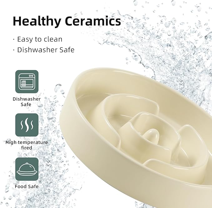 Ceramic 1.2 Cup Raised Slow Feeder Dog Bowl Set, Elevated Wooden Stand for Medium and Small Dog, 7.3inch Puzzle Slow Dish, Anti-Gulping(Beige, Single Bowl+ Stand)