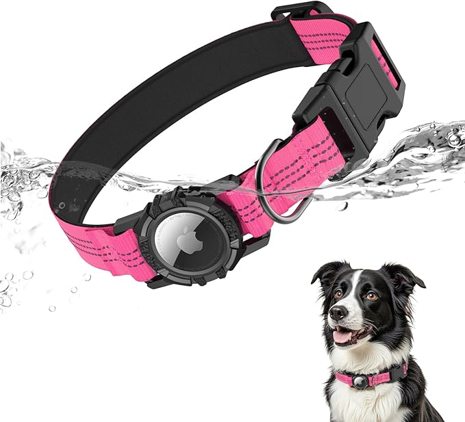 AirTag Dog Collar, IP68 Waterproof Integrated Air Tag Dog Collars with Reflective, Ultra-Durable, Comfortable Padded, Heavy Duty Dog Collars for Small Medium Large Dogs, M (12.6"-17.1"), Pink