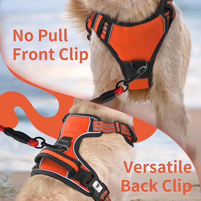 kazazoo Dog Harness, No-Pull Pet Breathable Harness, Adjustable Soft Padded Dog Vest with 2 Leash Clips, Reflective No-Choke Pet, Easy Control Handle for Large Dogs, Orange, XL