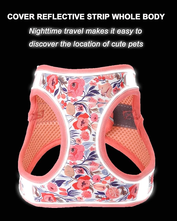 S Peach Flower Pattern Dog Harness and Leash Set,No Escape Puppy Harnesses for Training Walking，Breathable Adjustable Puppy Vest for Small Medium Dogs, Cats (Peach, S)