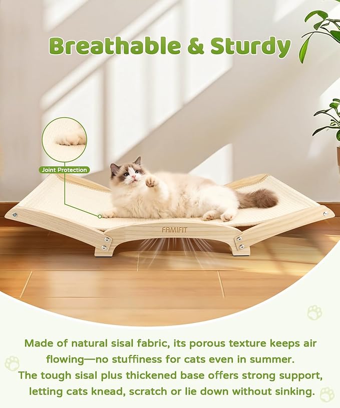 Cat Scratcher Bed with Sisal & Solid Wood Base, Extra Large Cat Scratch Pad for Scratching, Lounging & Sleeping, Stable Anti-Tip Design, Paint-Free & Eco-Safe, Easy Assembly, 34”