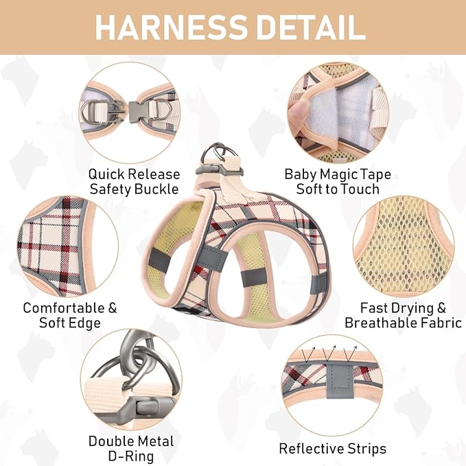 GAMUDA Small Dog Harness Collar and Leash Set, Step in No Chock No Pull Soft Mesh Adjustable Dog Vest Harnesses Plaid Reflective for Dogs Puppy Cats Kitten Rabbit (Beige, XXS)