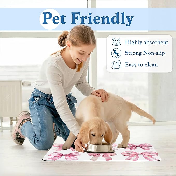 Pink Bows Dog Cat Food Mat–Christmas Stocking Absorbent Waterproof Placemat for Food and Water Bowls, Non Slip Rubber Backing, Feeding Mat for Clean Floors 12"x20"