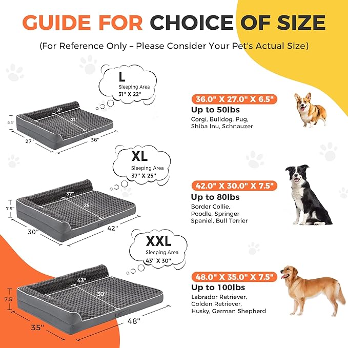 Dog Bed Large Sized Dogs, XXL Orthopedic Dog Bed for Large Dogs, Waterproof Pet Bed with Washable Removable Cover, L-Shaped Pet Couch with Portable Handle 48"x35"x7.5", Dark Grey