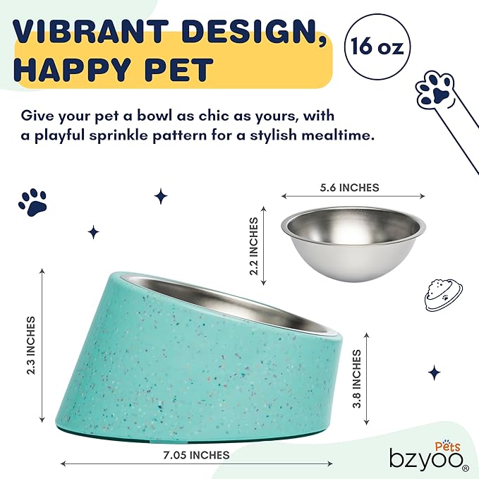 Bzyoo 2 Cup Tilted Dog Bowl for Small Dogs & Cats, Stylish Sprinkle Design, Elevated, Stainless Steel 16oz Inner Bowl, Non-Skid, Help Cotain Spills, Dishwasher Safe Color: White