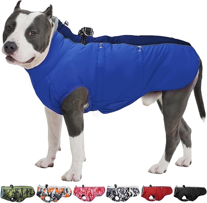Dog Winter Jacket - XX Large, Warm Zip Up Snowsuit Dog Harness Vest, Reflective, Water-Resistant, Royal-Blue