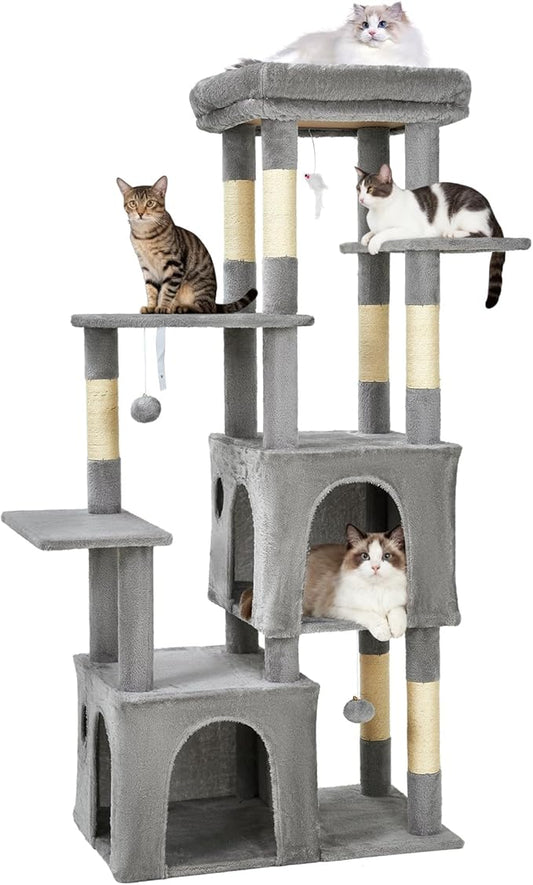 Cat Tree - 157cm Tall, Sisal Wrapped Scratching Post, Cat Nest, Hanging Ball, Extended Platform