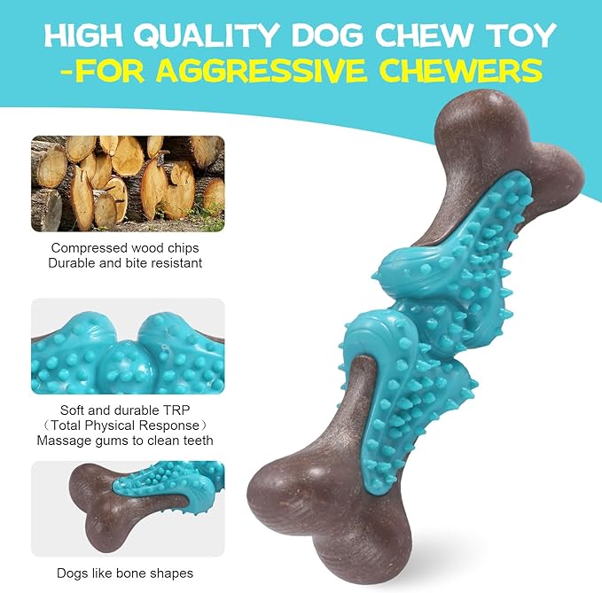 Durable Dog Chew Toys for Large Dogs - Tough Bone-Shaped Dental Chew with TPR Rubber & Wood Fiber, Teething & Aggressive Chewer Toys for Medium/Large Breed, Long-Lasting Teeth Cleaning & Stimulation