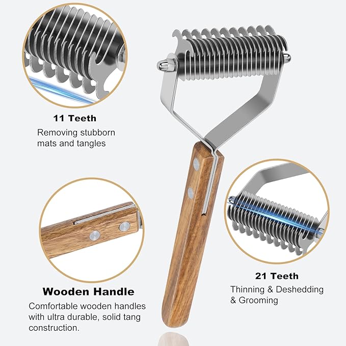 Dematting Comb for Dogs & Cats - Double-Sided Deshedding Dematting Grooming Tool, Undercoat Rake for Double Coat Dogs & Long-Haired Cats, Wooden Handle Large