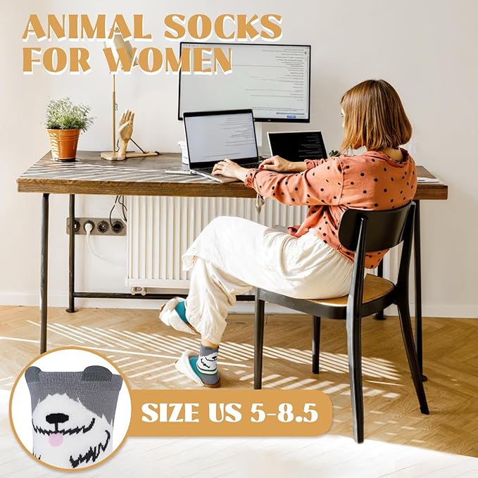 YSense 5 Pairs Cute Animal Socks for Women, Novelty Fun Crew Cotton Cat Dog Socks Stocking Stuffers Gifts for Women